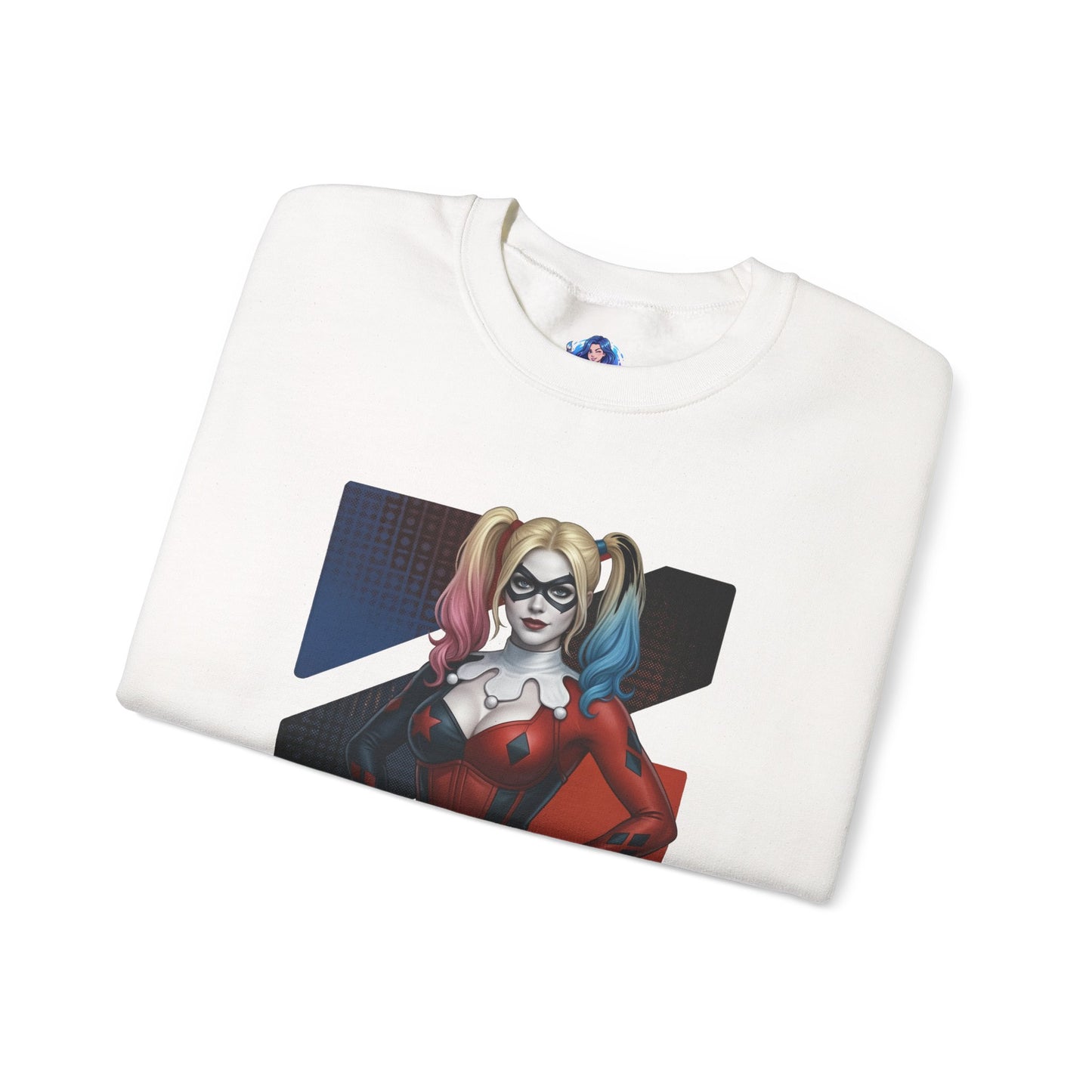Harley Quinn Sweatshirt, DC Comics Crewneck, Iconic Comic Apparel for Fans folded white crewneck with red-and-black Harley Quinn print