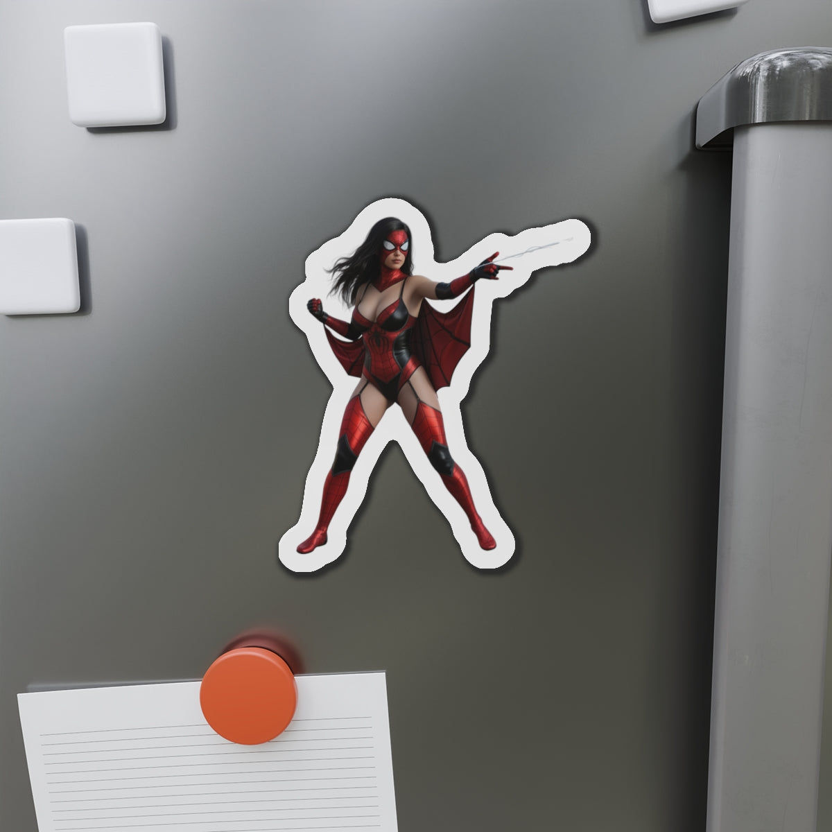 Alt Tag: Spider-Woman Magnet – Marvel Heroine Fridge Magnet, Anime Style Decor — die-cut anime-style vinyl fridge magnet showing dynamic Spider-Woman pose
