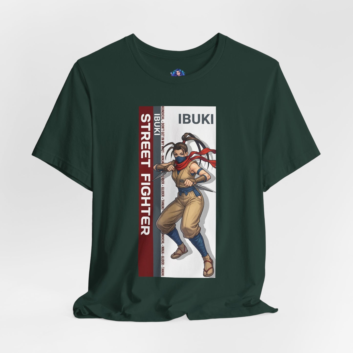 Ibuki T-Shirt | Street Fighter Anime Tee for Gamers & Fighting Game Fans - green Bella Canvas tee with dynamic Ibuki ninja illustration
