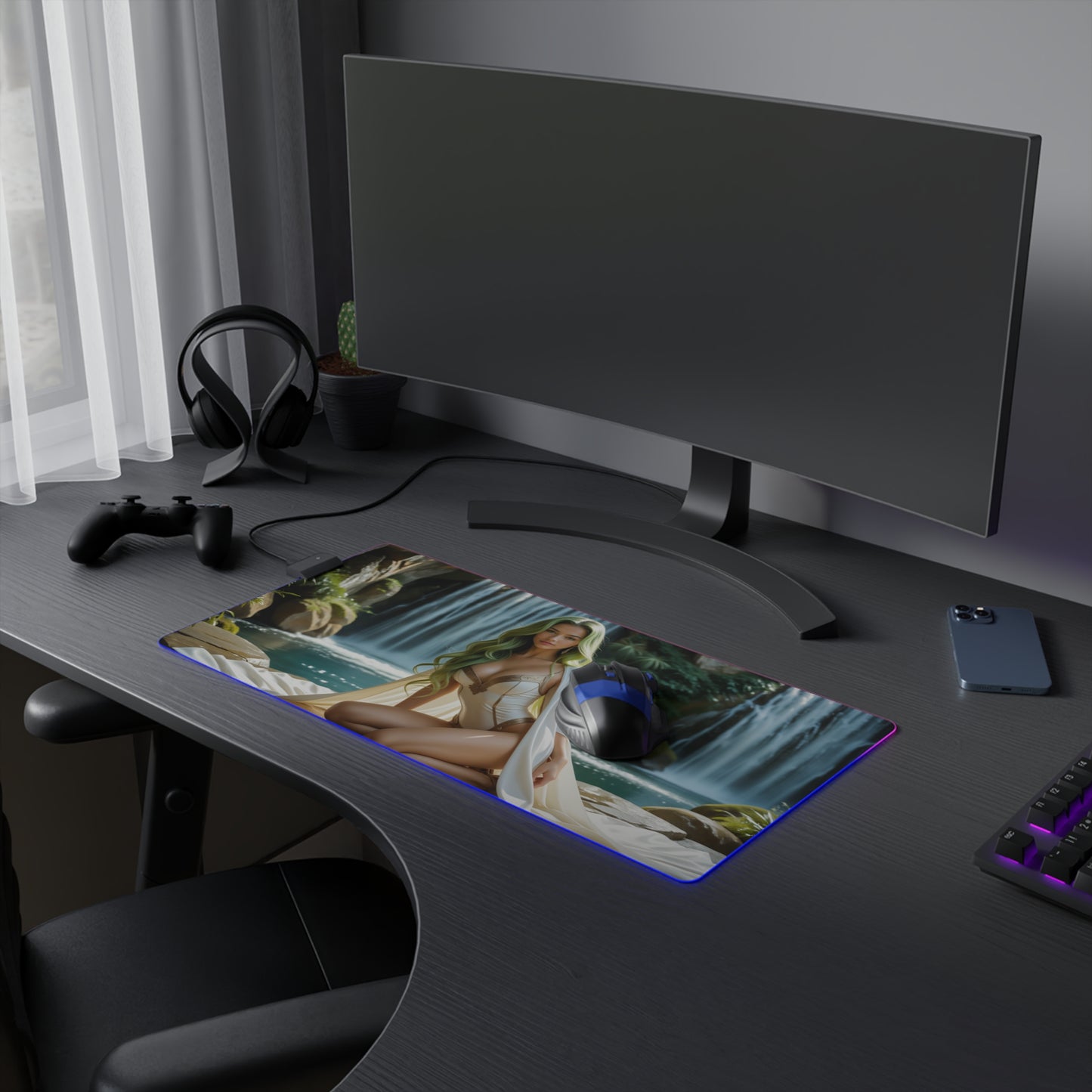 Килимок для столу CC – світлодіодний RGB-підкладка, елегантна ігрова конфігурація з аніме-дівчиною Вайфу