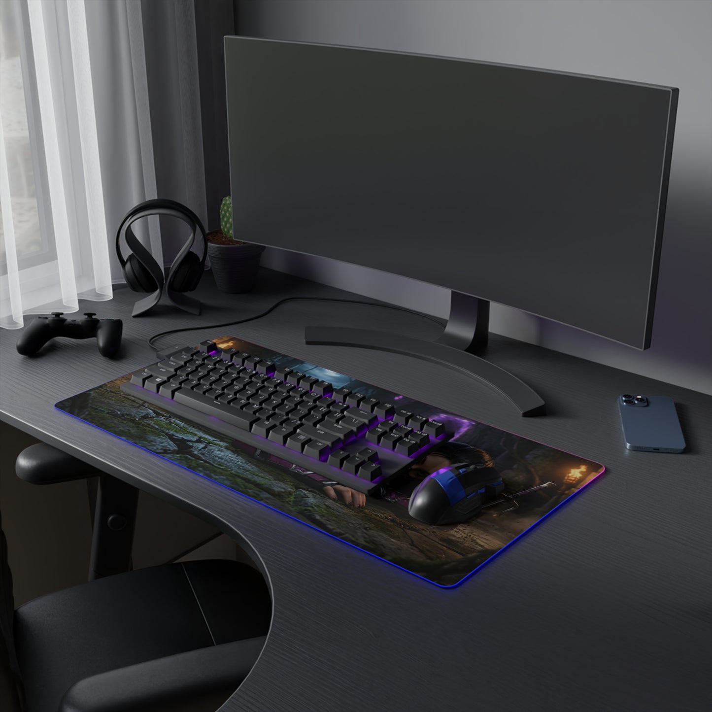 Mileena Desk Mat – LED RGB Pad, Waifu Fighter Anime Girl Setup on dark gaming desk with keyboard mouse and RGB glow