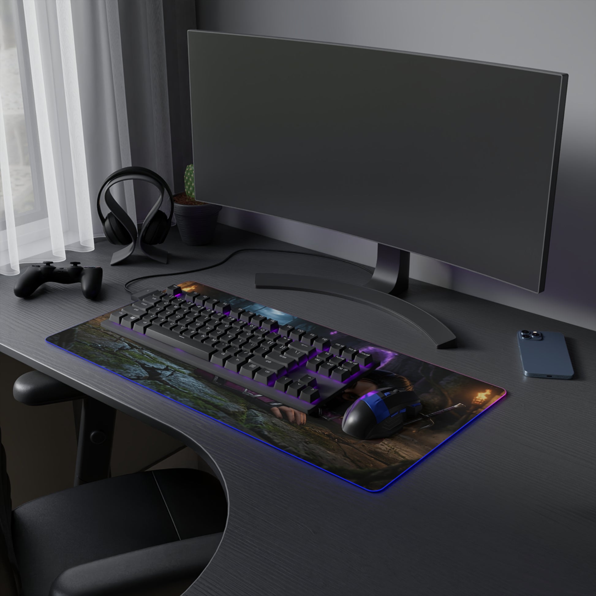 Mileena Desk Mat – LED RGB Pad, Waifu Fighter Anime Girl Setup on dark gaming desk with keyboard mouse and RGB glow