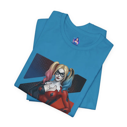Harley Quinn T-Shirt | DC Comics Anime Tee for Gamers & Comic Fans folded blue Bella Canvas tee with anime-style Harley Quinn print