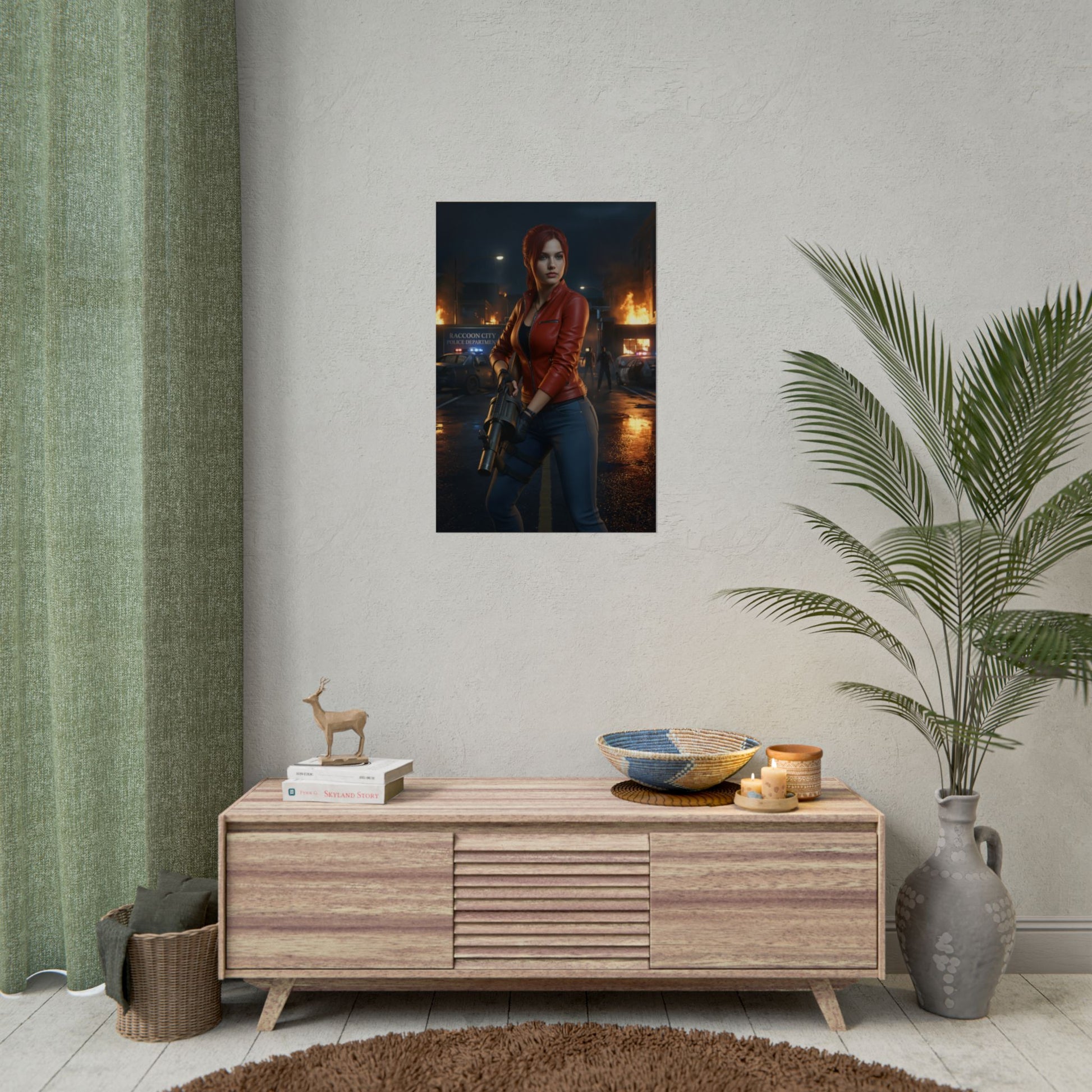 Claire Redfield Poster – Iconic Survival Heroine Wall Art for Gamer Decor on a modern gaming room wall with vivid high-resolution print