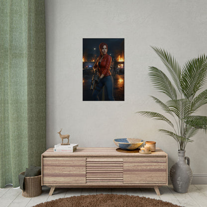 Claire Redfield Poster – Iconic Survival Heroine Wall Art for Gamer Decor on a modern gaming room wall with vivid high-resolution print