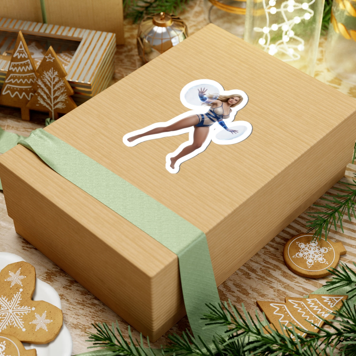 Invisible Woman Sticker – Comic Heroine Vinyl Sticker for Laptops & Indoor Decor on kraft gift box with glossy vinyl decal