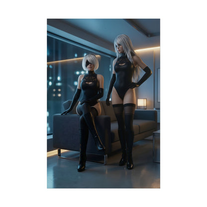 2B and A2 Poster, NieR Automata Art Print – Sci-Fi Android Wall Art featuring two androids in sleek black outfits in a moody gaming-room scene