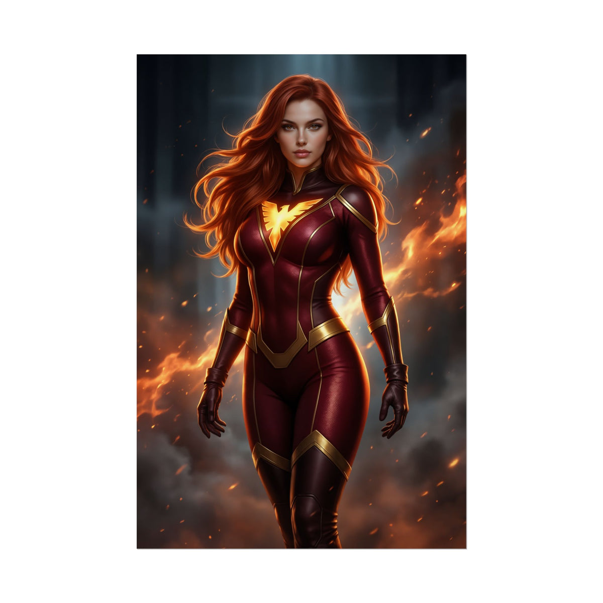 Jean Grey Poster, Marvel X-Men Art Print, Iconic Telepath Hero Wall Decor  striking portrait of Jean Grey in red phoenix suit with fiery background