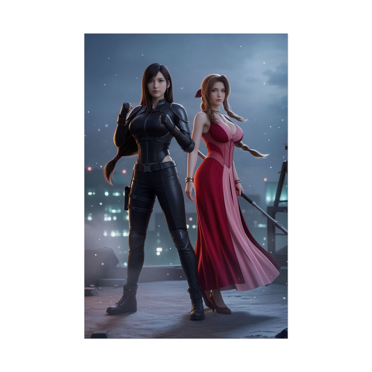 Tifa Aerith Poster, Final Fantasy Wall Art Print  Gaming Decor showing Tifa in black combat suit and Aerith in pink dress on rooftop