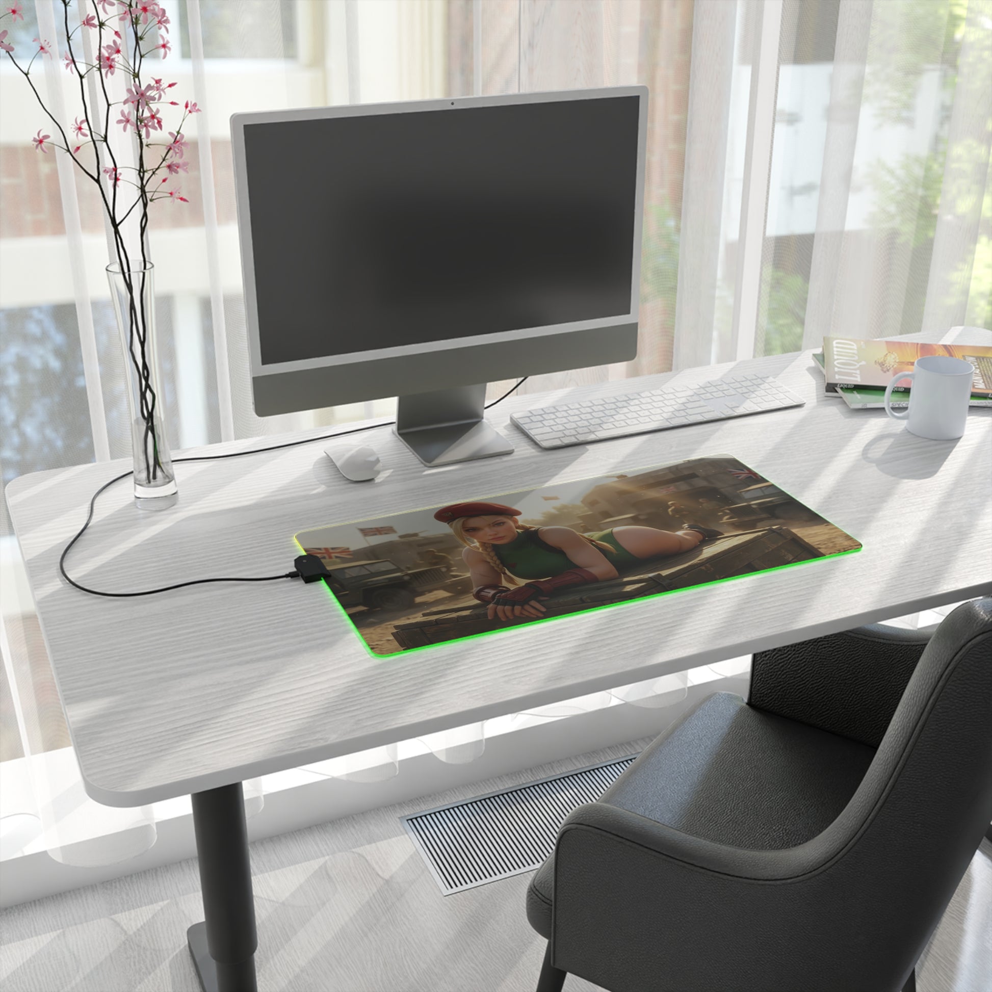 Cammy White Desk Mat – LED RGB Pad, Waifu Fighter Anime Girl Setup on modern white desk with PC monitor and green LED glow