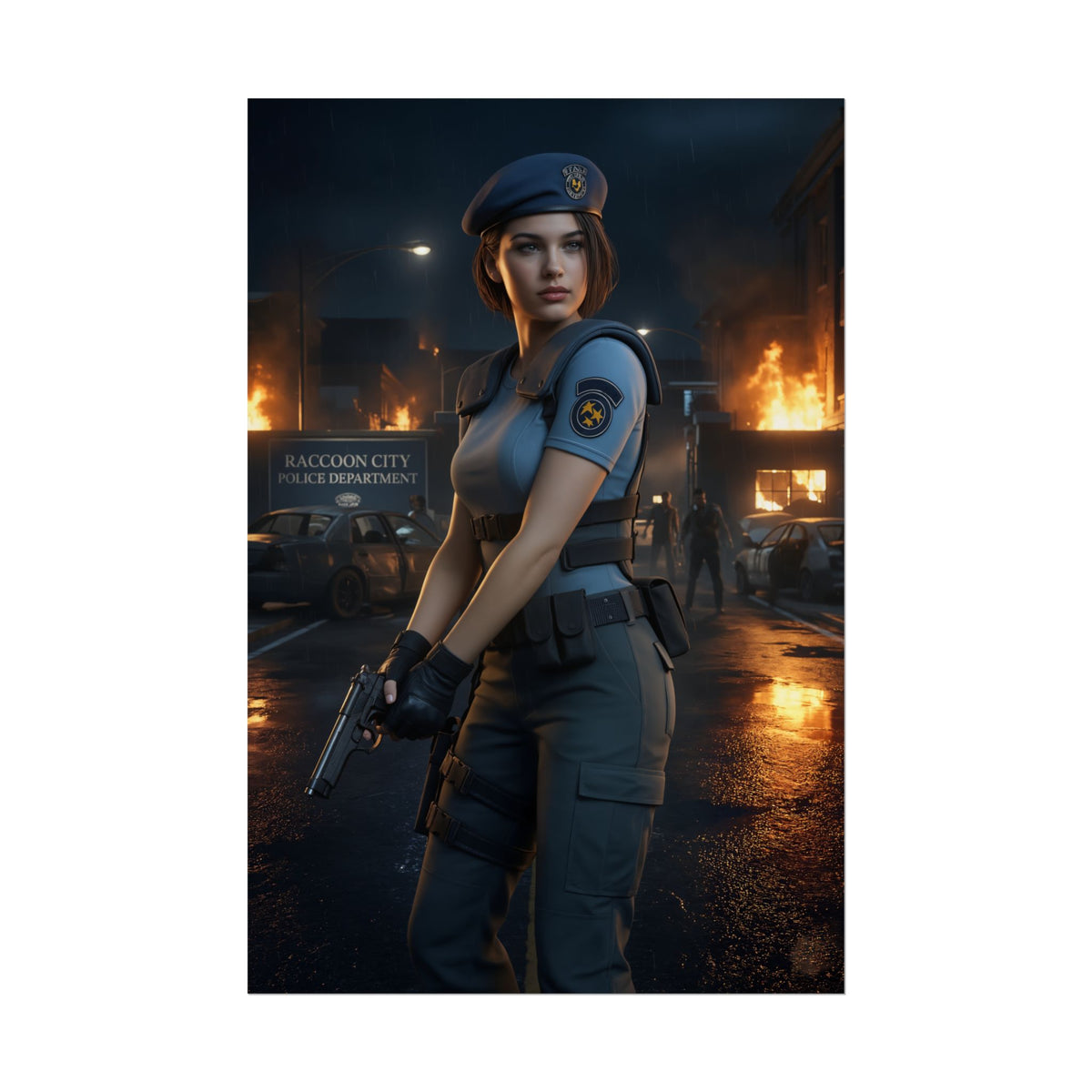 Jill Valentine Poster  Iconic Survival Heroine Wall Art for Gamer Decor, high-res poster of police heroine in fiery Raccoon City scene