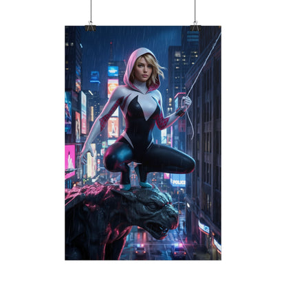 Gwen Stacy Poster, Spider-Verse Art Print, Iconic Superhero Character — Gwen in hooded suit perched on city gargoyle at night