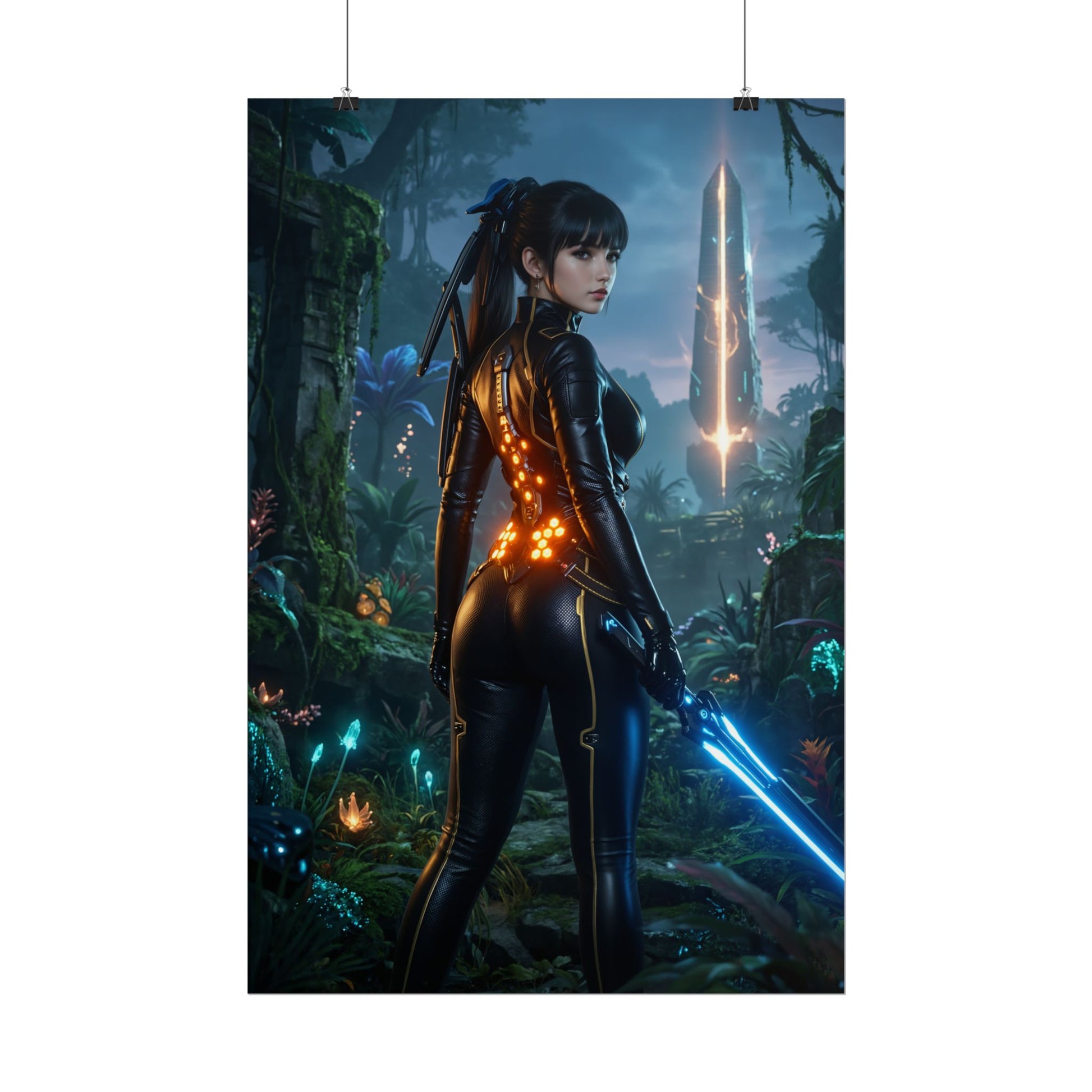 Alt Tag: EVE Poster, Stellar Blade Print, Futuristic Combat Hero Wall Decor - cinematic sci‑fi hero in armor with glowing blade in alien jungle