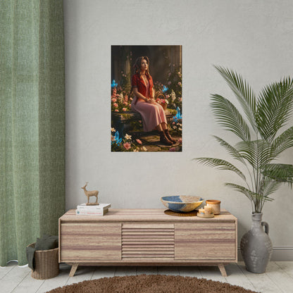 Aerith Final Fantasy Poster – Iconic RPG Heroine Wall Art for Gamer Decor, high-resolution poster displayed above console in cozy gaming room