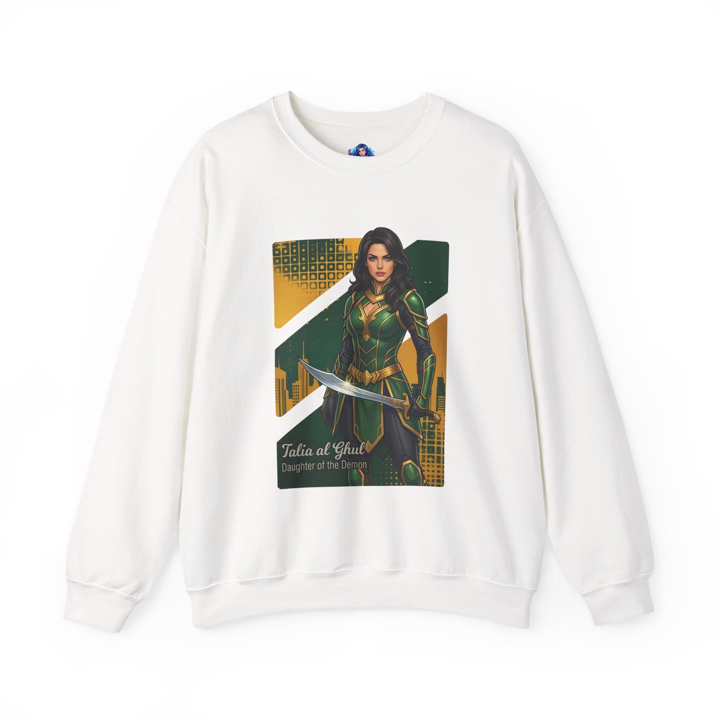 Talia al Ghul Sweatshirt, DC Comics Crewneck, Elegant Villain Apparel for Fans — white crewneck with Talia al Ghul artwork and sword