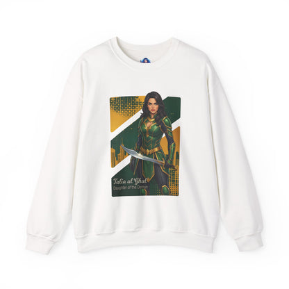 Talia al Ghul Sweatshirt, DC Comics Crewneck, Elegant Villain Apparel for Fans — white crewneck with Talia al Ghul artwork and sword