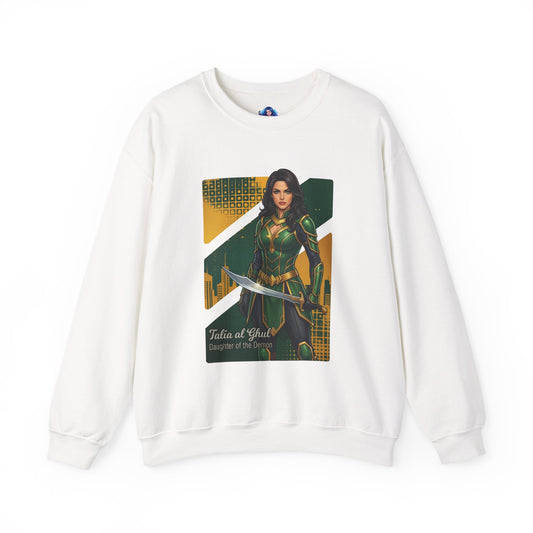 Talia al Ghul Sweatshirt, DC Comics Crewneck, Elegant Villain Apparel for Fans — white crewneck with Talia al Ghul artwork and sword