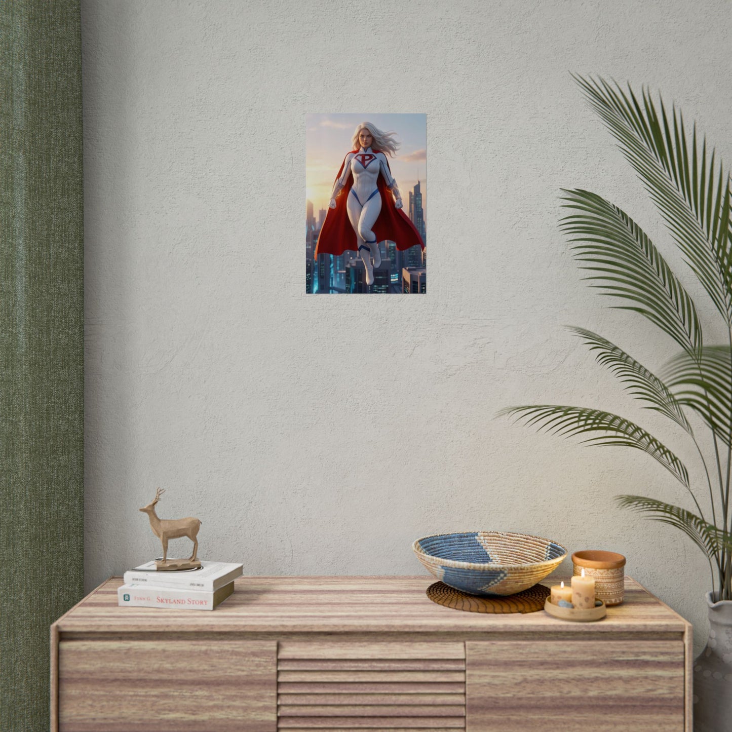 Power Girl Poster, DC Comics Wall Art Print – Heroine Decor on living room wall above console, superhero decor for gamer and collector spaces