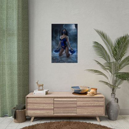 Kitana Poster / Kitana Wall Art / Kitana Art Print / Mortal Kombat Poster - cinematic moonlit Kitana kneeling with blue energy in temple