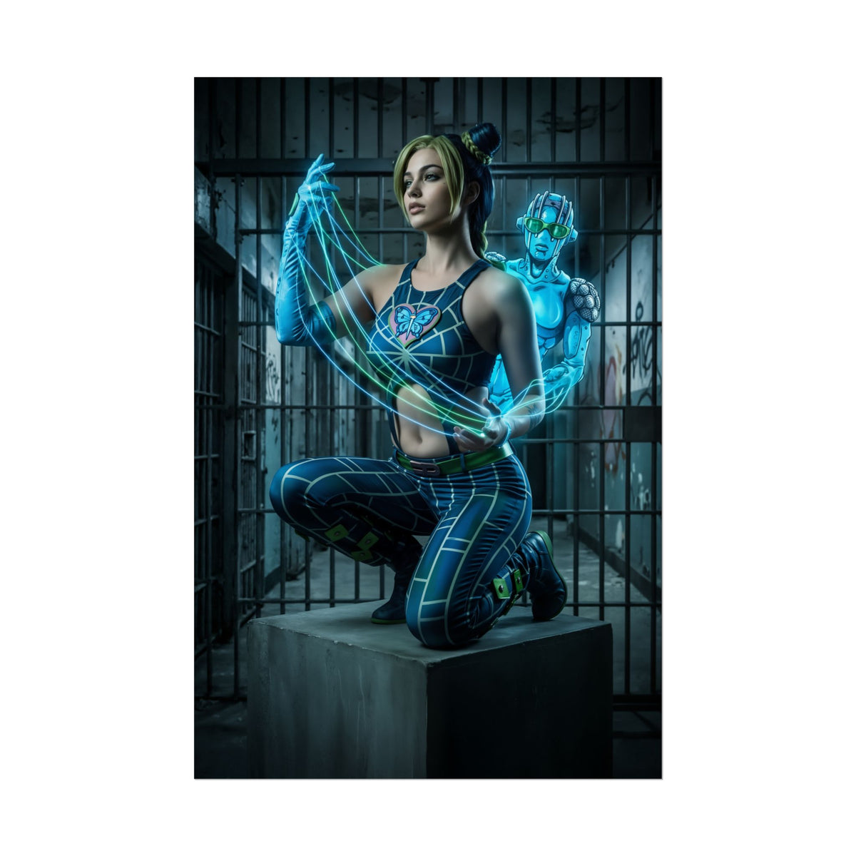 Jolyne Cujoh Poster, JoJo Stone Ocean Art Print, Iconic Anime Hero  dynamic Jolyne with her Stand in neon-blue prison scene