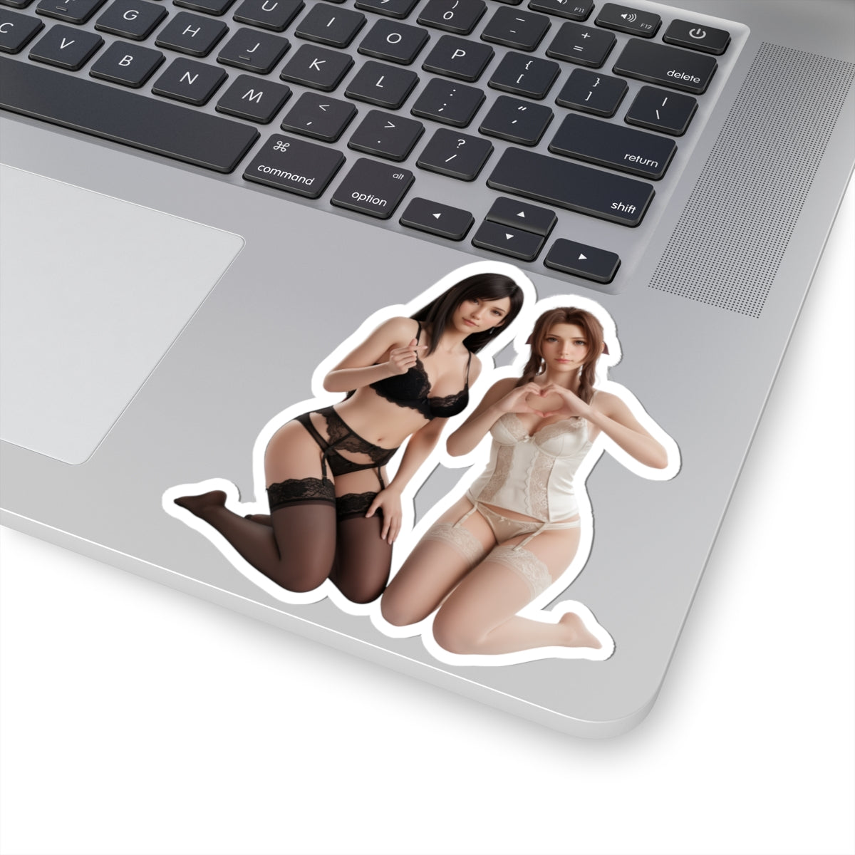 Tifa and Aerith Sticker – Fantasy Game Vinyl Sticker for Laptops & Indoor Decor showing two heroines in glossy die-cut vinyl on a laptop