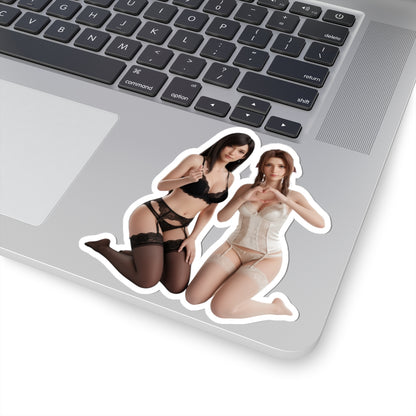 Tifa and Aerith Sticker – Fantasy Game Vinyl Sticker for Laptops & Indoor Decor showing two heroines in glossy die-cut vinyl on a laptop
