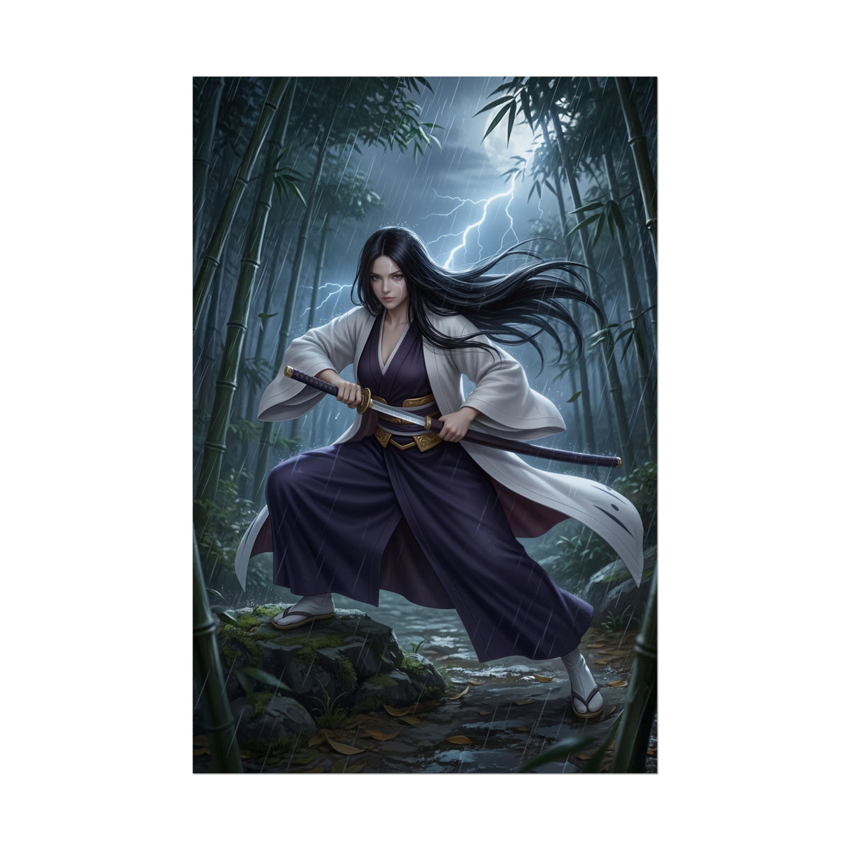 Unohana Retsu Poster, Bleach Art Print  Anime Heroine Wall Art, dramatic bamboo forest samurai-style illustration of Unohana Retsu