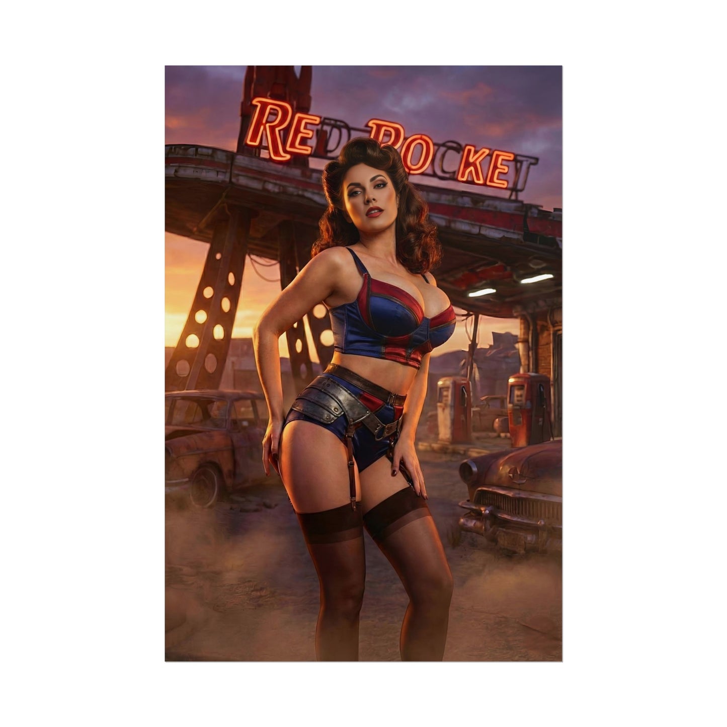 Fallout Pin Up Woman Poster / Fallout Pin Up Wall Art / Fallout Pin Up Art Print / Fallout Poster - retro pin-up woman at Red Rocket station, post-apocalyptic style