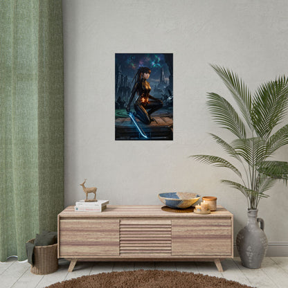 EVE Poster, Stellar Blade Print, Iconic Sci-Fi Warrior Art showcasing a composed sci-fi warrior with glowing blade, perfect gaming room centerpiece