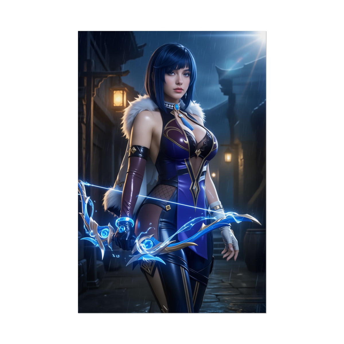 Yelan Poster, Genshin Impact Art Print  Iconic Hydro Heroine Wall Art featuring Yelan with glowing hydro bow in night street scene