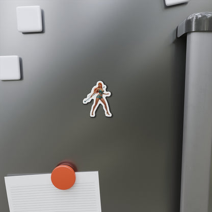 Alt Tag: Nami Magnet – One Piece Anime Heroine Fridge Magnet, Pirate Decor small die-cut vinyl magnet on gray fridge showing confident anime heroine