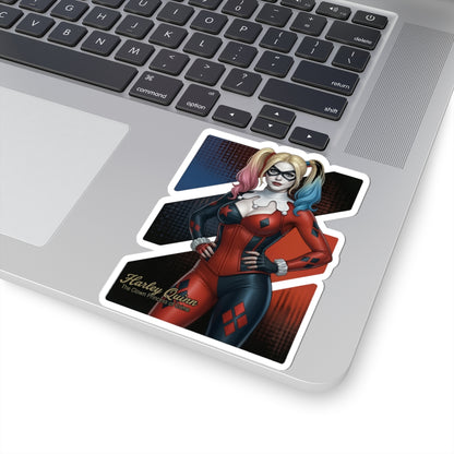 Harley Quinn Sticker – Comic Character Vinyl Sticker for Laptops & Indoor Decor: glossy vinyl laptop decal of Harley Quinn in red and black costume, vibrant colors, bubble-free application