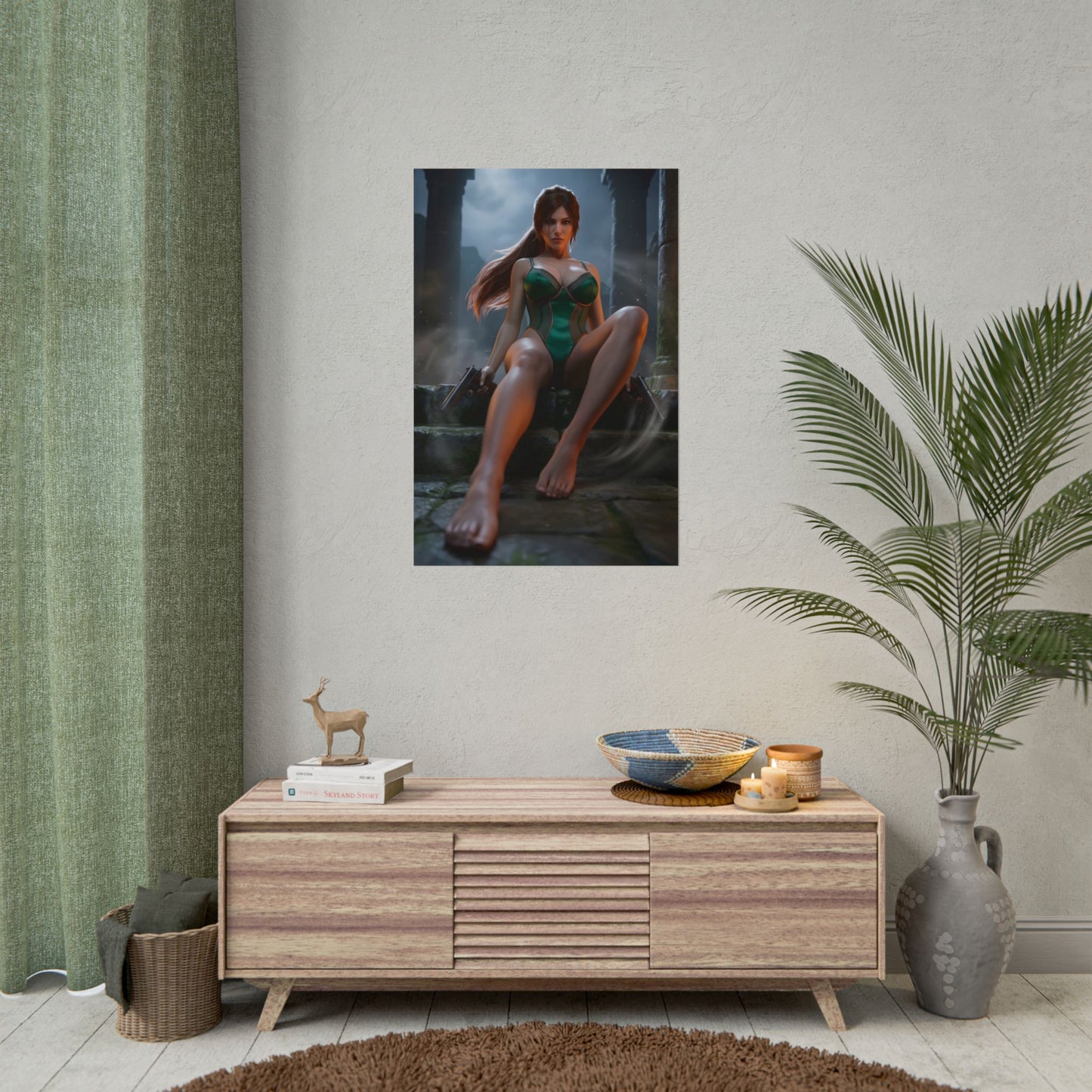 Lara Croft Poster / Lara Croft Wall Art / Lara Croft Art Print / Tomb Raider Poster showing Lara Croft seated among ancient stone ruins with dramatic cinematic lighting