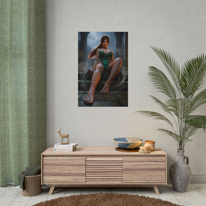 Lara Croft Poster / Lara Croft Wall Art / Lara Croft Art Print / Tomb Raider Poster showing Lara Croft seated among ancient stone ruins with dramatic cinematic lighting