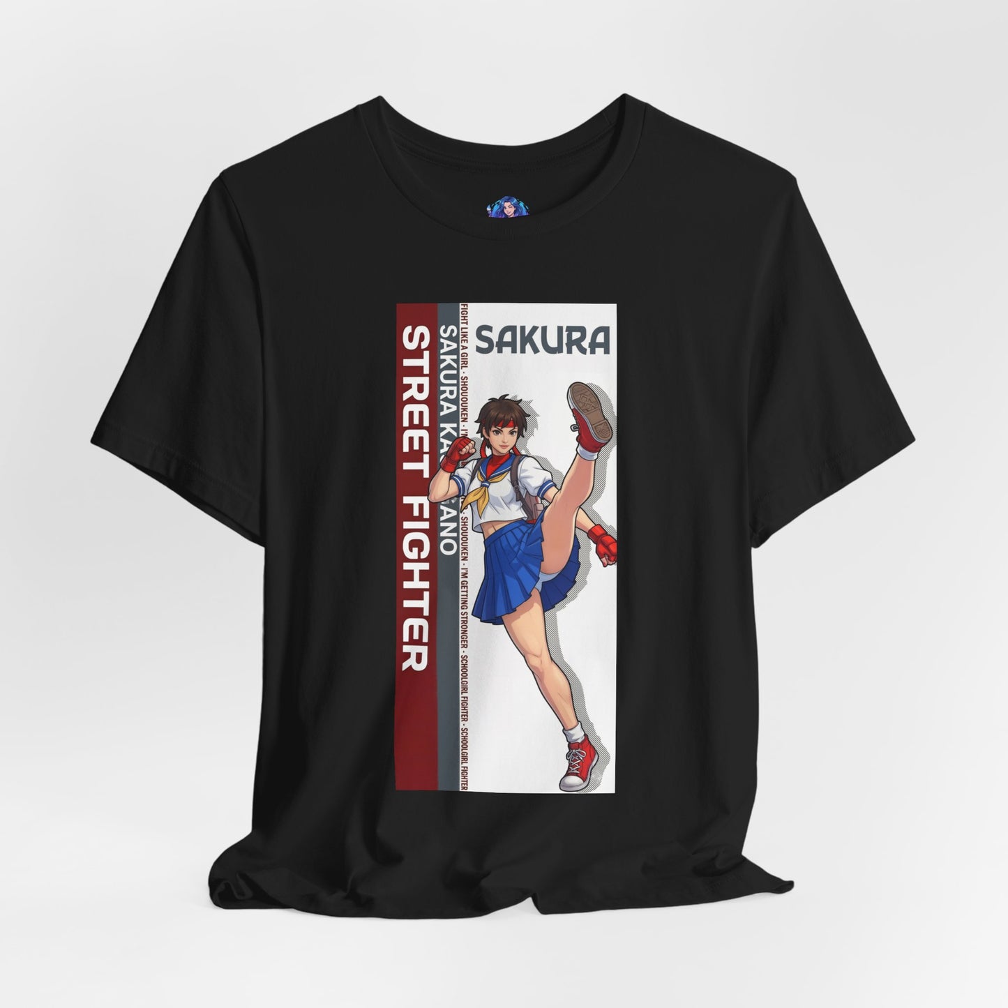 Sakura Kasugano T-Shirt | Street Fighter Anime Tee for Gamers & Fighting Game Fans black tee showing Sakura in dynamic kicking pose with school-fighter design
