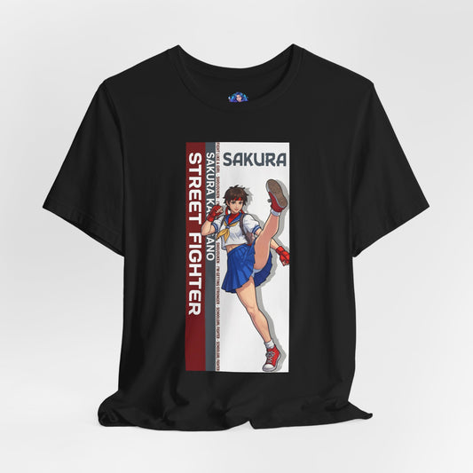Sakura Kasugano T-Shirt | Street Fighter Anime Tee for Gamers & Fighting Game Fans black tee showing Sakura in dynamic kicking pose with school-fighter design