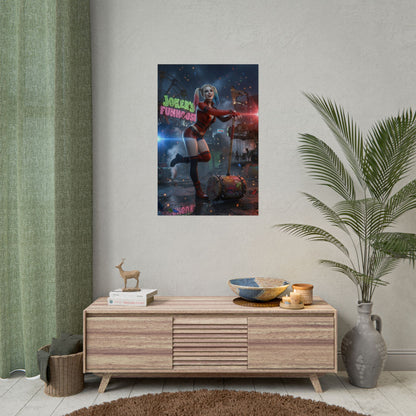 Harley Quinn Poster, DC Art Print – Iconic Comic Anti-Heroine Wall Art on bedroom wall showing bold, high-res semi-gloss character artwork