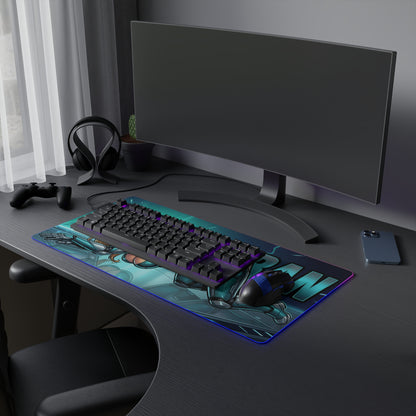 Samus Aran RGB Desk Mat, Futuristic Gaming Mouse Pad, LED Desk Mat for Gamer Setup showcasing armored sci‑fi pose with RGB lighting and non‑slip base