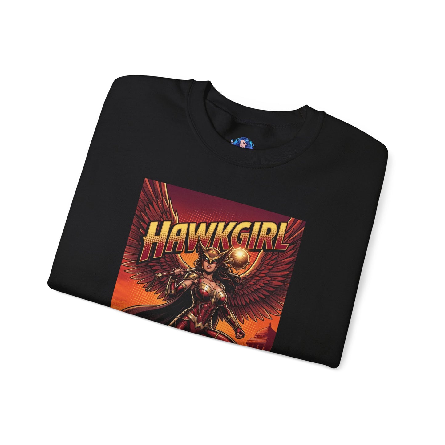 Hawkgirl Sweatshirt, DC Comics Wall Art Style, Premium Heroine Apparel - black crewneck featuring anime-inspired Hawkgirl with wings and mace