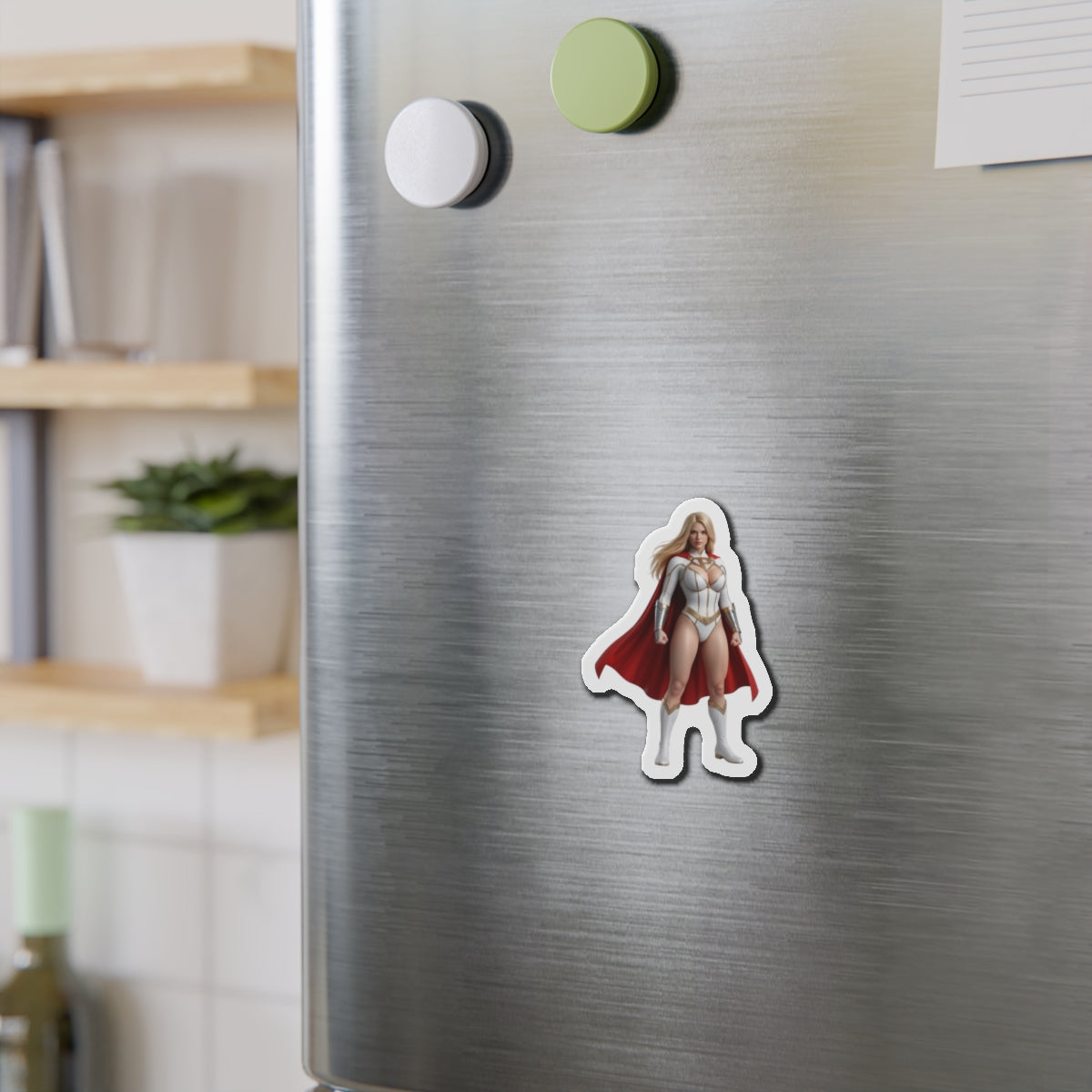 Power Girl Magnet – DC Comic Heroine Fridge Magnet, Anime Style Decor die-cut vinyl magnet on stainless fridge showing anime-style Power Girl