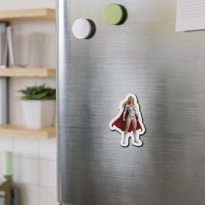 Power Girl Magnet – DC Comic Heroine Fridge Magnet, Anime Style Decor die-cut vinyl magnet on stainless fridge showing anime-style Power Girl