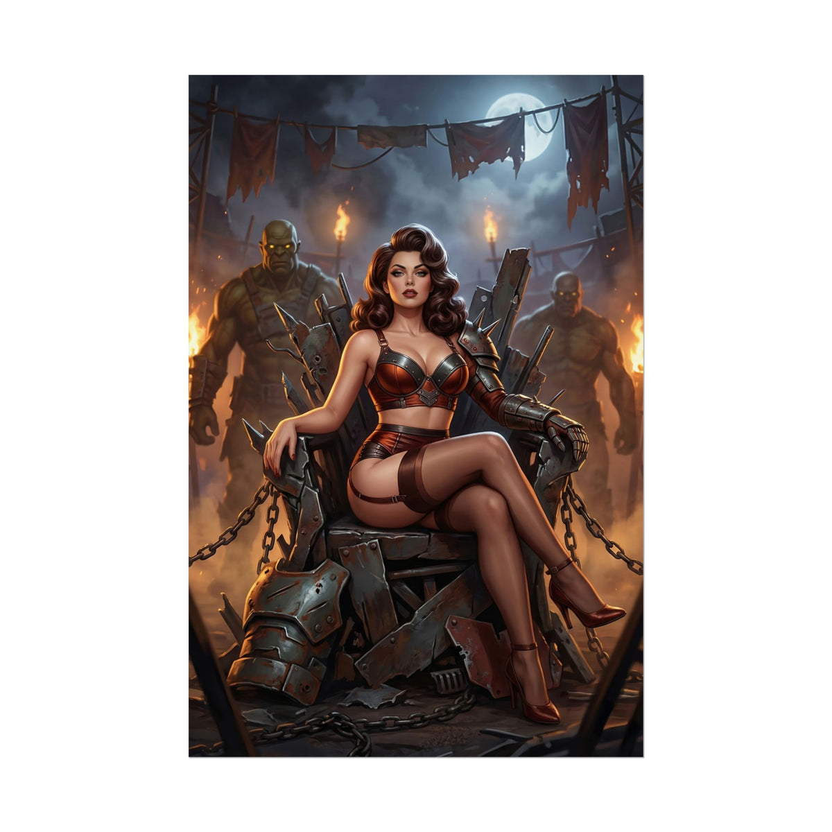 Fallout Dark Beauty Poster / Fallout Dark Wall Art / Fallout Dark Art Print / Fallout Poster of a dominant cinematic Fallout woman seated amid fire, shadow, and armored raiders