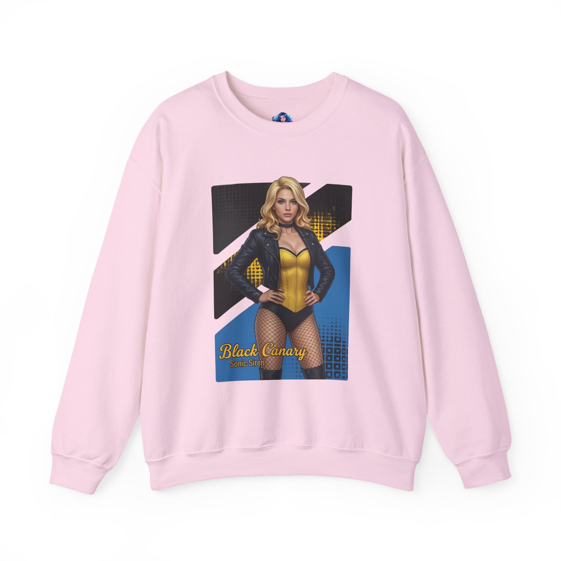 Black Canary Sweatshirt, DC Comics Crewneck, Classic Superhero Apparel for Fans - pink crewneck with Black Canary portrait and city graphic