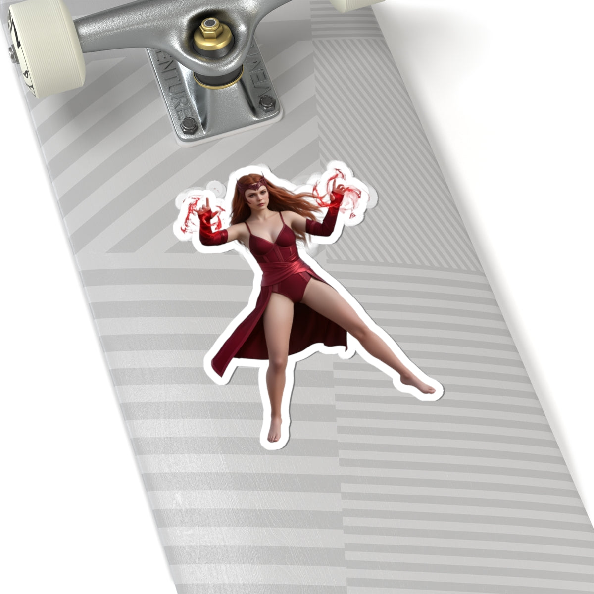 Scarlet Witch Sticker – Comic Heroine Vinyl Sticker for Laptops & Indoor Decor on a skateboard laptop decal showing glossy, durable vinyl, vibrant colors