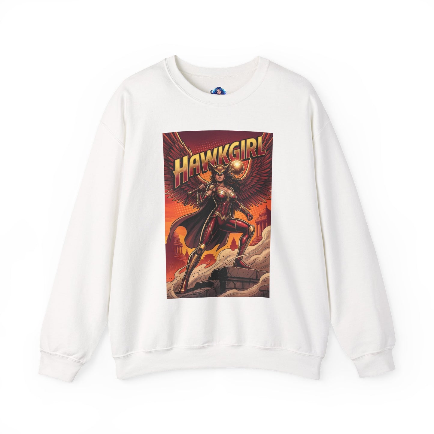 Hawkgirl Sweatshirt, DC Comics Wall Art Style, Premium Heroine Apparel - white crewneck featuring anime-inspired Hawkgirl with winged armor and battle mace