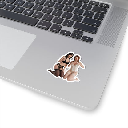 Tifa and Aerith Sticker – Fantasy Game Vinyl Sticker for Laptops & Indoor Decor on silver laptop showcasing glossy durable vinyl decal