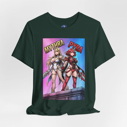 Mythra and Pyra T-Shirt | Anime Tee for Gamers - front print of Mythra and Pyra standing side by side on Bella Canvas 3001