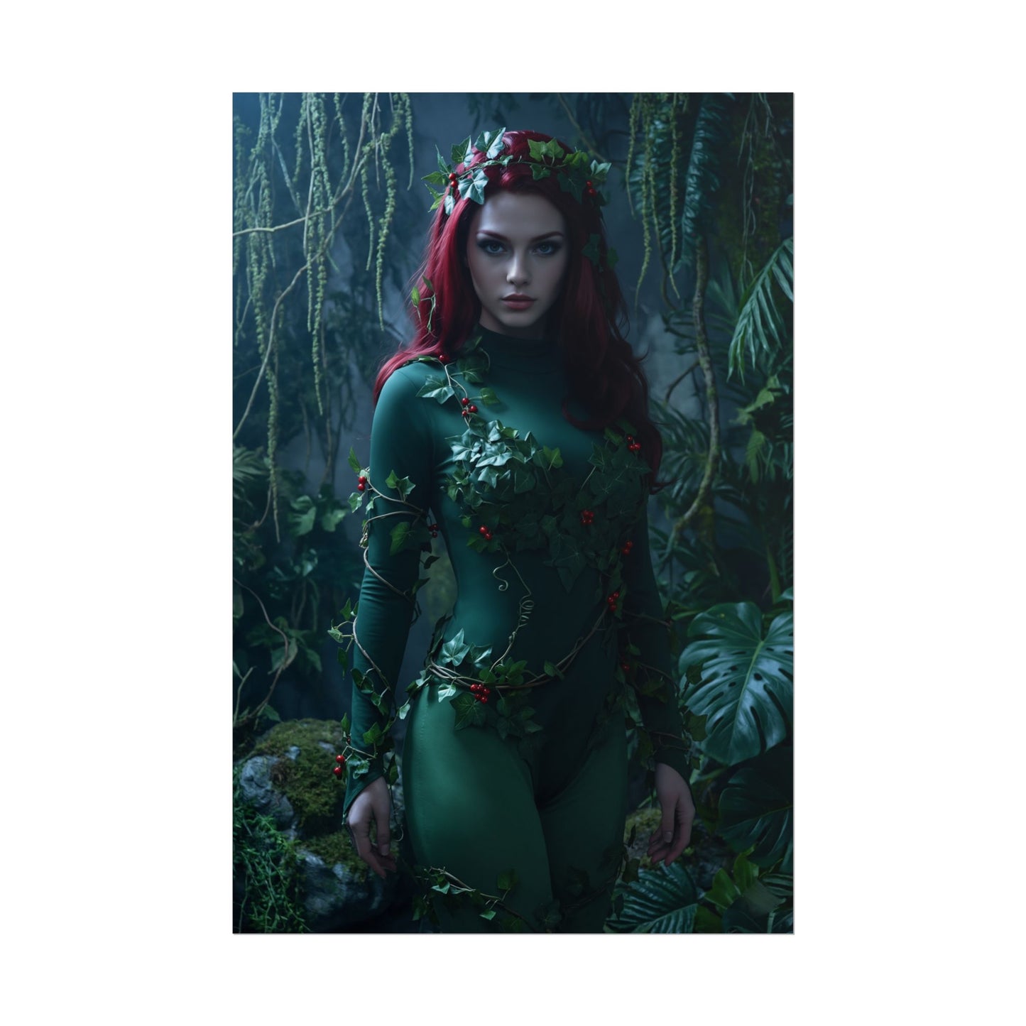 Poison Ivy Poster, DC Art Print – Iconic Comic Villain Heroine Wall Art: realistic green-costumed Poison Ivy poster with red hair and lush jungle foliage