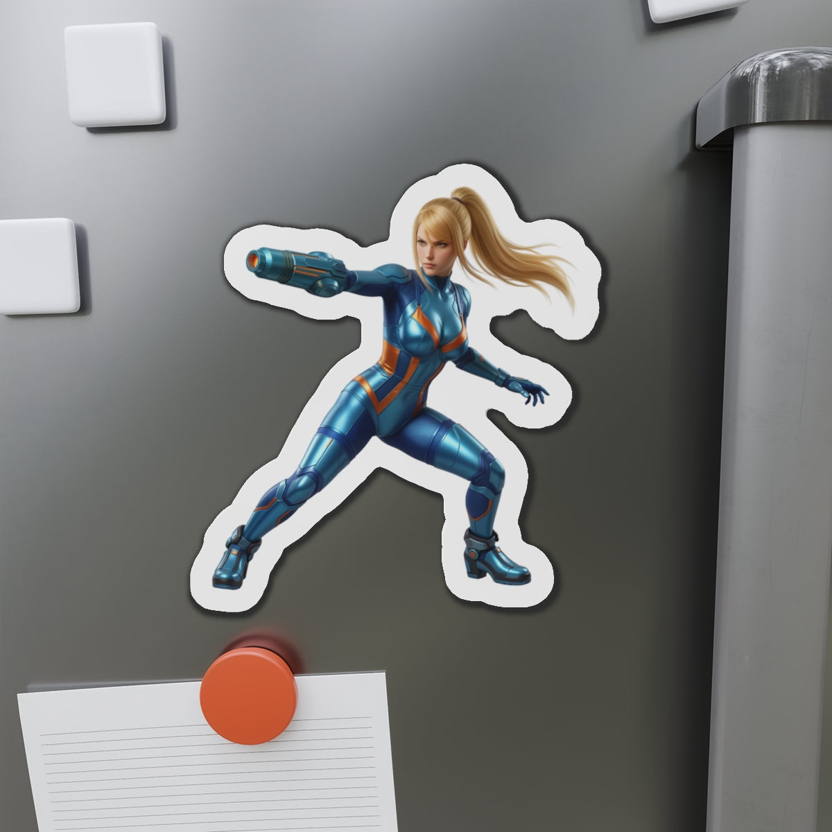 Samus Aran Magnet – Classic Sci-Fi Game Character Fridge Magnet, Decor showing die-cut vinyl Samus Aran in blue suit on a fridge
