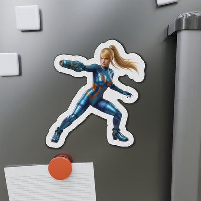 Samus Aran Magnet – Classic Sci-Fi Game Character Fridge Magnet, Decor showing die-cut vinyl Samus Aran in blue suit on a fridge